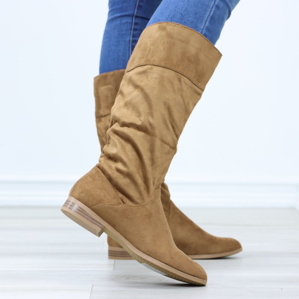 Tan Low Heel Boots Round Toe Above Ankle Mid-Calf Booties Faux Suede - Picture 5 of 12